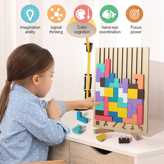 Tetri-Inspired Wooden Stacking Puzzle for Kids - Match, Shape & Stack