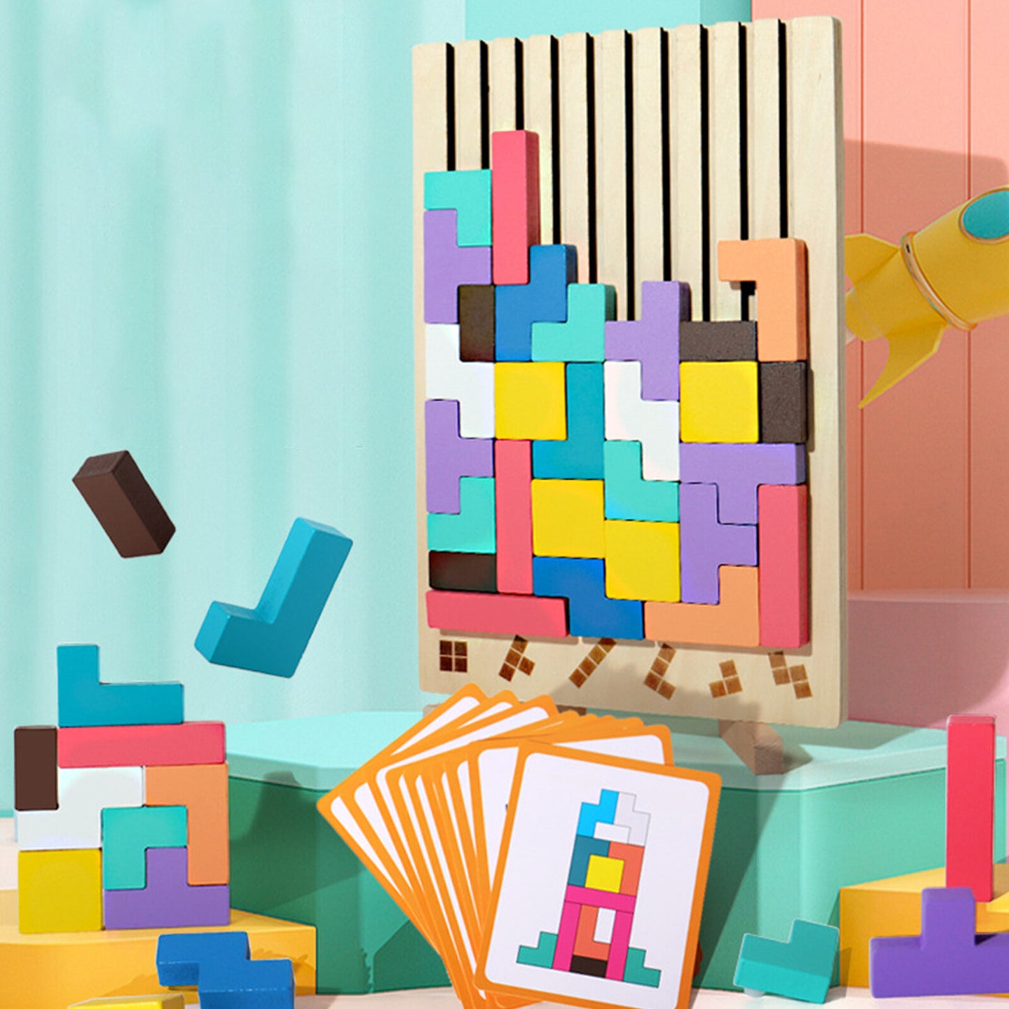 Tetri-Inspired Wooden Stacking Puzzle for Kids - Match, Shape & Stack