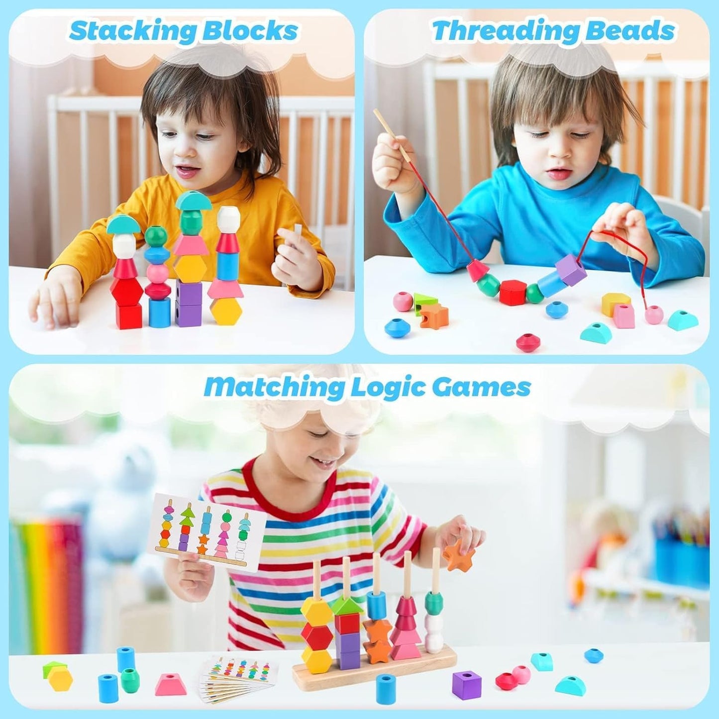 Wooden Stacking & Beads Sequencing Set - Build, Learn & Explore!