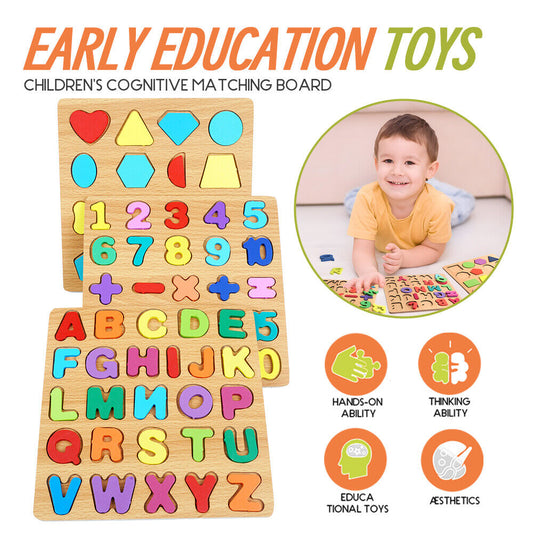 3-in-1 Wooden Educational Puzzle – ABC, Numbers & Shapes - Fun that Educates!