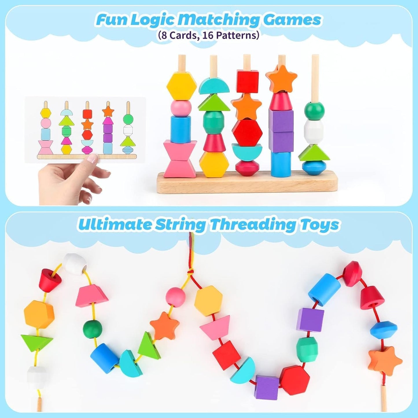 Wooden Stacking & Beads Sequencing Set - Build, Learn & Explore!