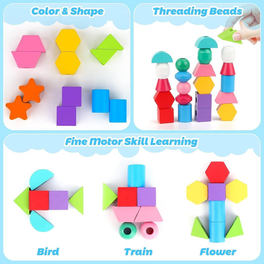 Wooden Stacking & Beads Sequencing Set - Build, Learn & Explore!