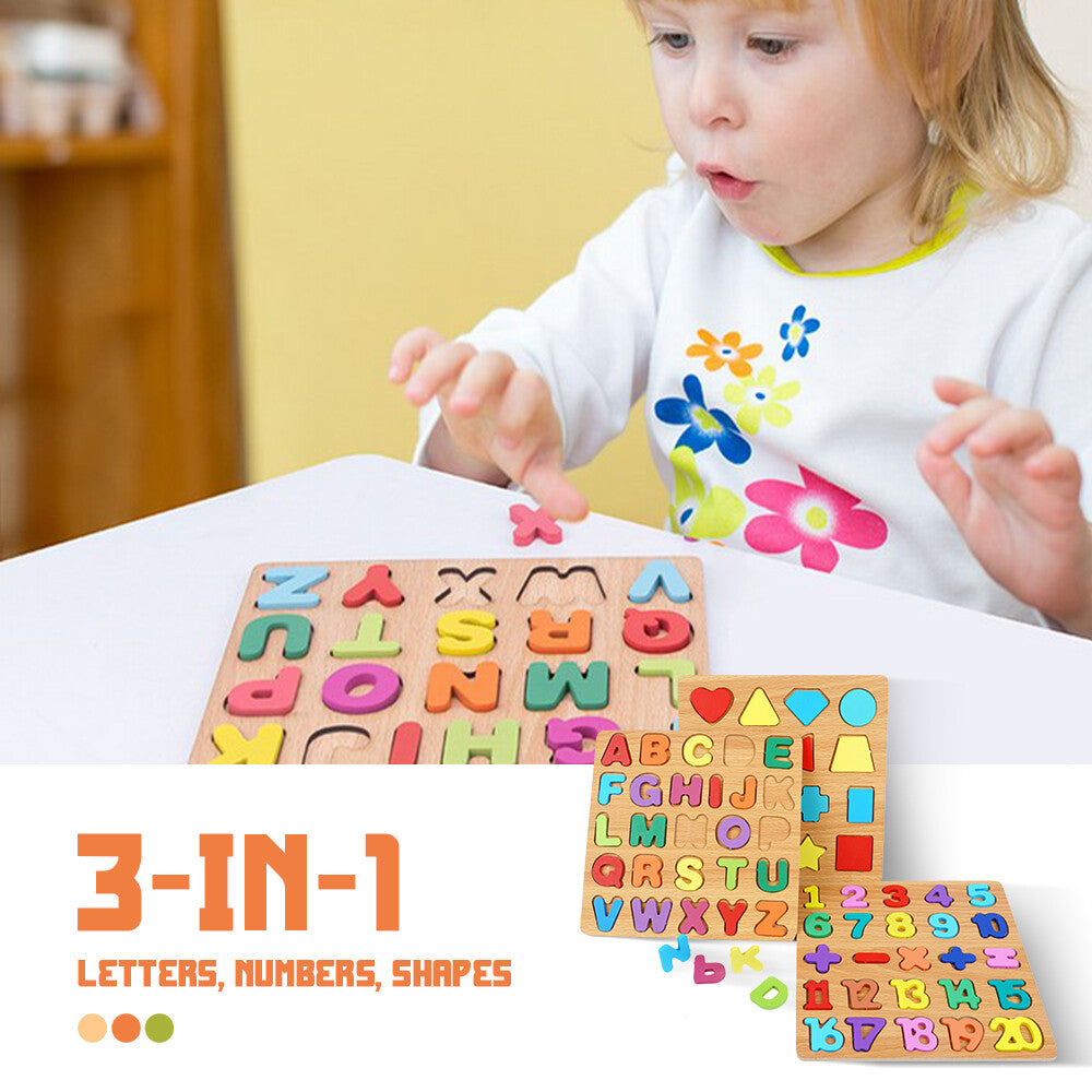3-in-1 Wooden Educational Puzzle – ABC, Numbers & Shapes - Fun that Educates!