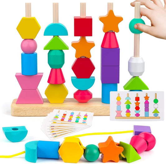 Wooden Stacking & Beads Sequencing Set - Build, Learn & Explore!