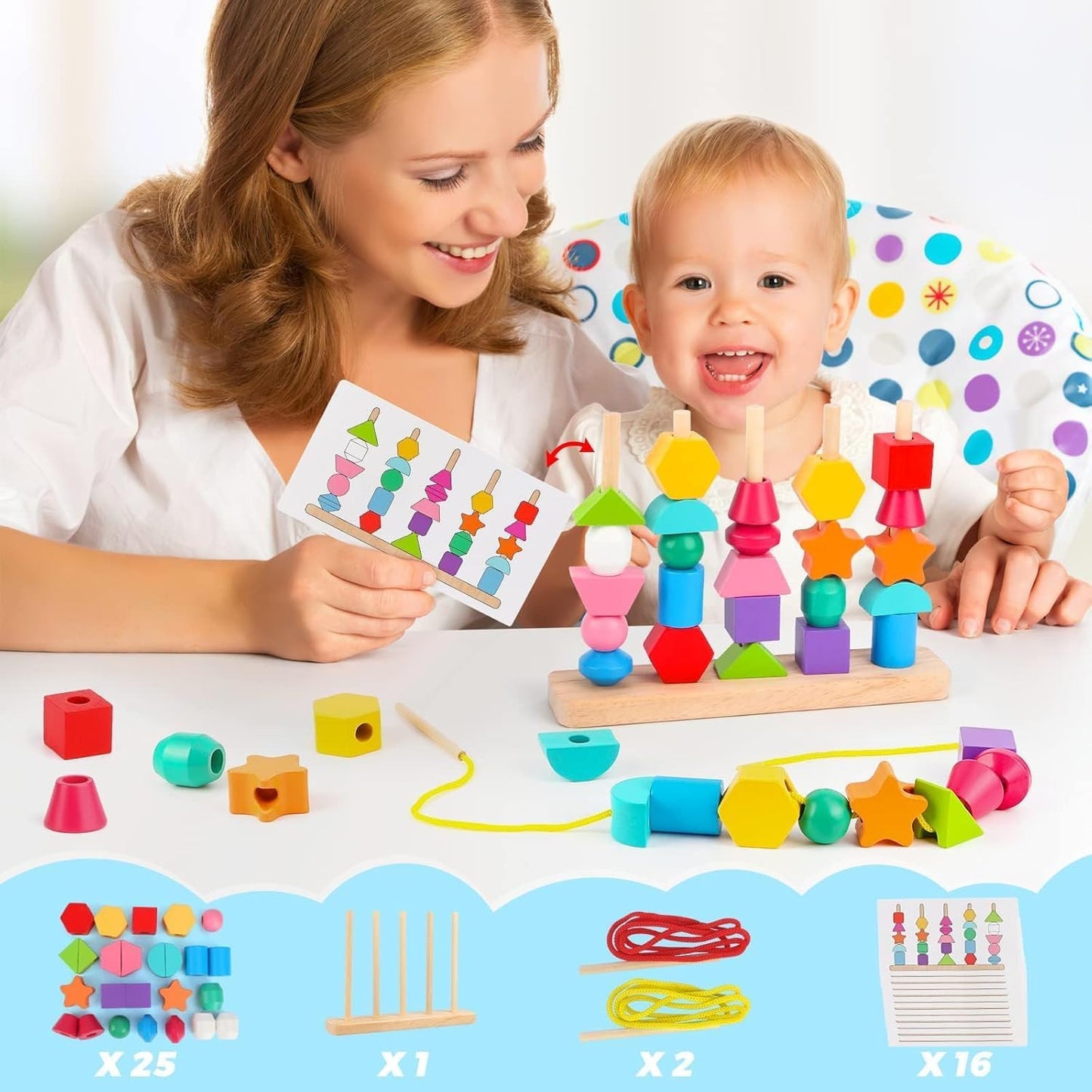 Wooden Stacking & Beads Sequencing Set - Build, Learn & Explore!
