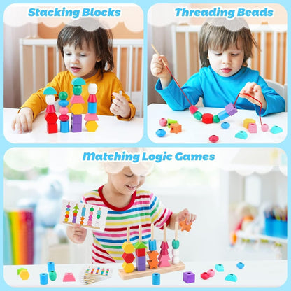 Wooden Stacking & Beads Sequencing Set - Build, Learn & Explore!